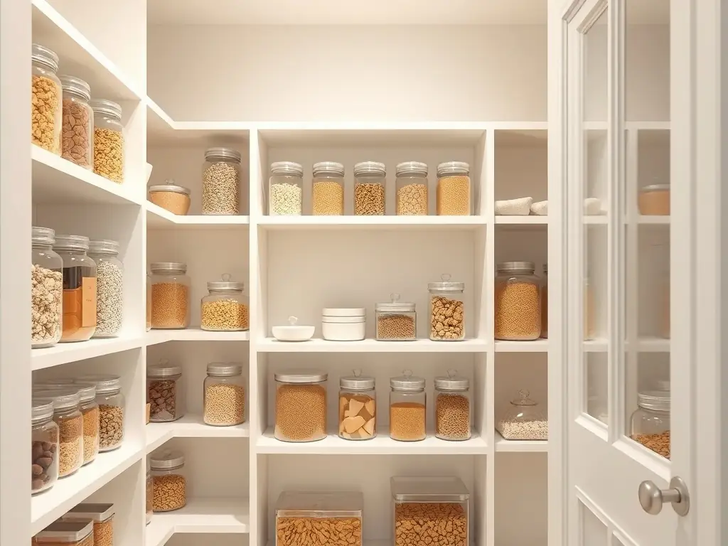 A serene and minimalist pantry design concept, showcasing organized shelves with clear containers and soft lighting, representing the initial consultation phase of Tidy Corner's pantry organization process.