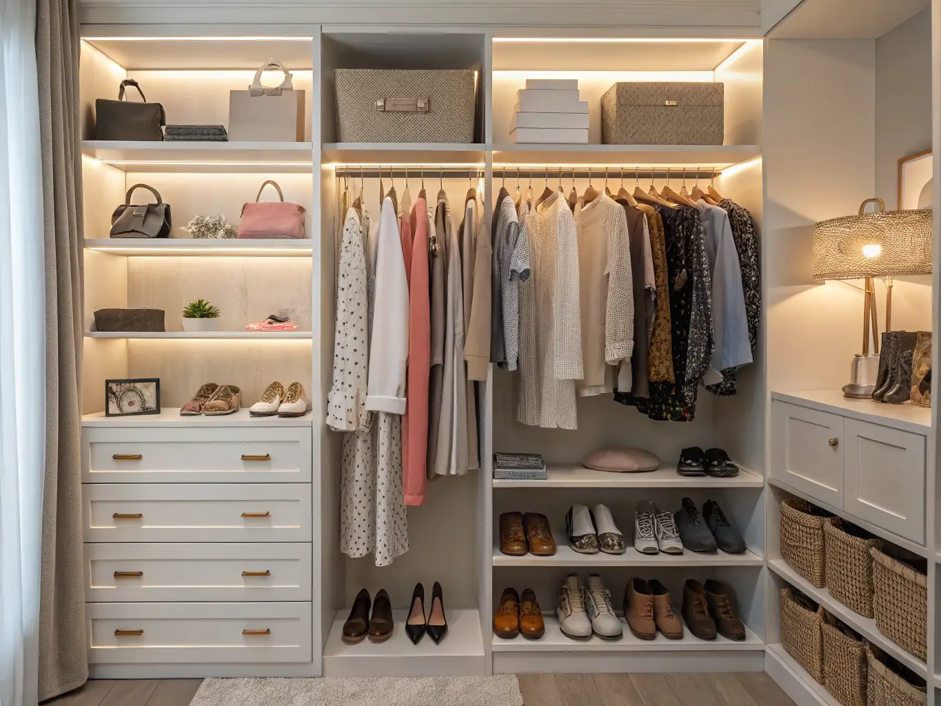 A well-organized wardrobe with neatly folded clothes, color-coded sections, and space-saving storage solutions, creating a sense of order and accessibility.