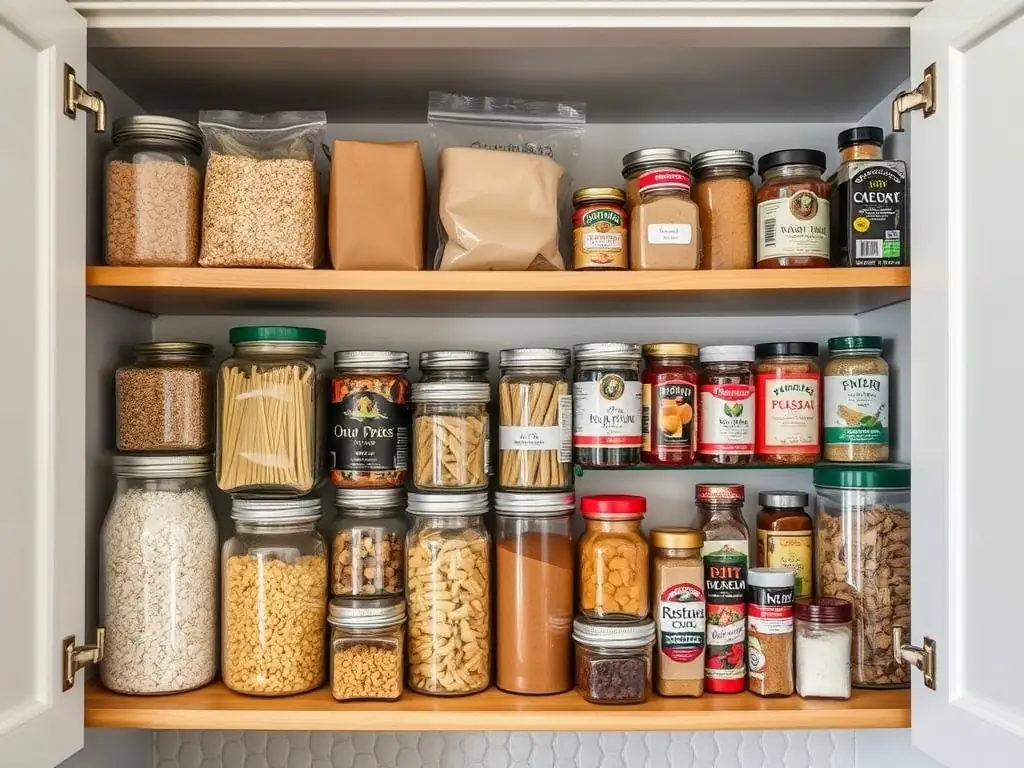 A beautifully styled image of a newly organized pantry, featuring neatly arranged shelves, aesthetically pleasing containers, and a sense of overall harmony and order. The lighting should be soft and inviting.
