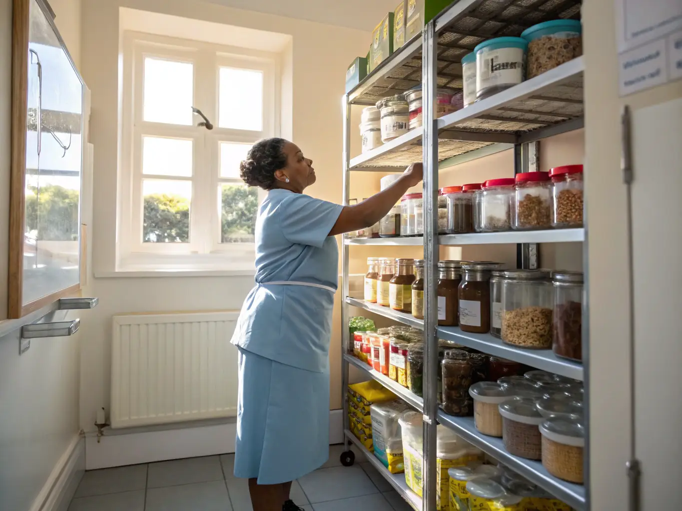 A visually appealing image showcasing a Tidy Corner team member working diligently in a pantry, sorting items into clear, labeled containers. The pantry should look well-organized and aesthetically pleasing.