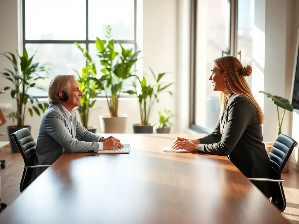 A serene and minimalist image depicting a home organization consultant in a bright, airy living room, discussing organizational needs with a client over a cup of tea. The setting should convey a sense of calm and collaboration.