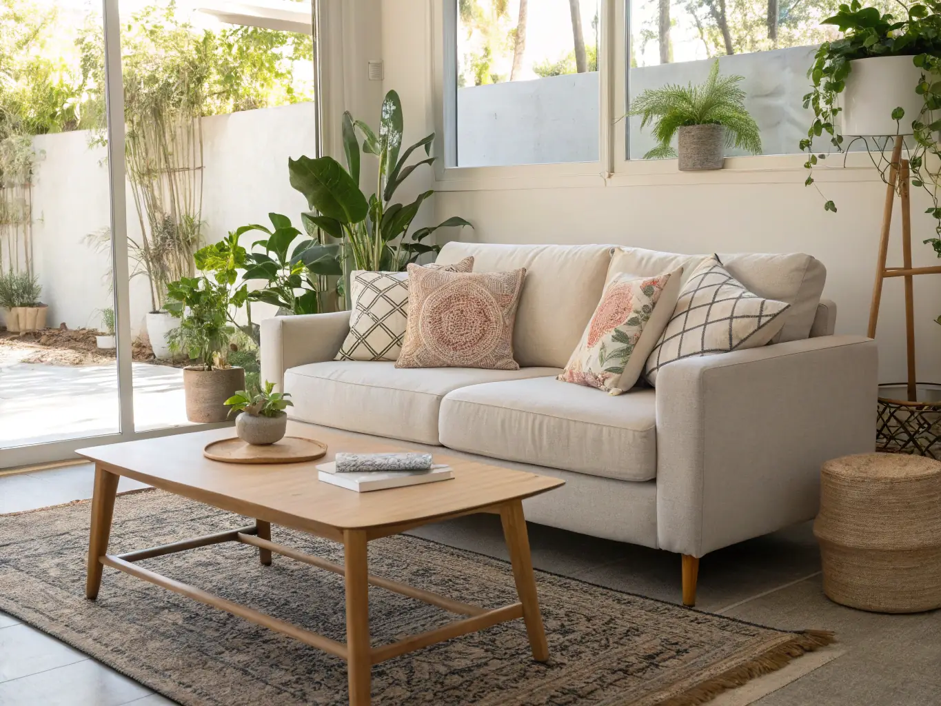 A serene and clutter-free living room with minimalist decor, soft lighting, and carefully curated items, creating a sense of spaciousness and tranquility.